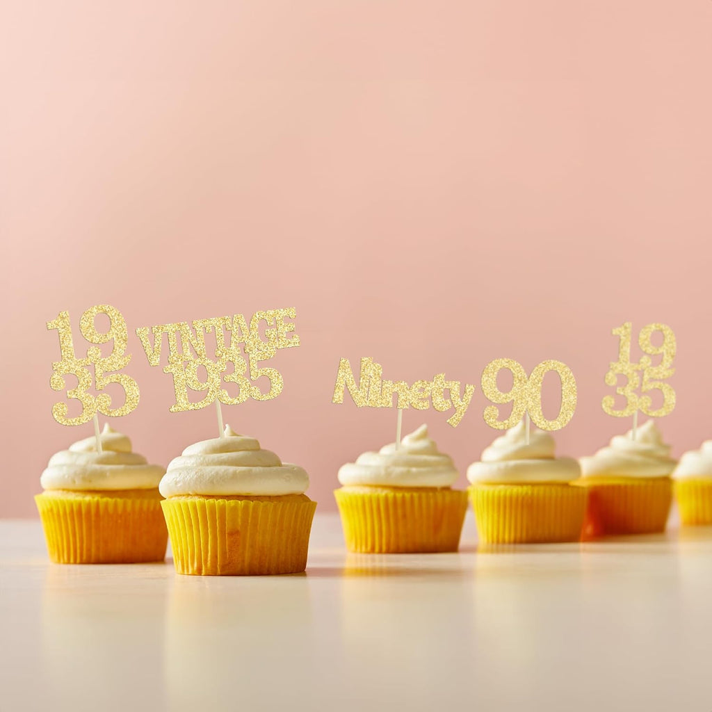 Gyufise 24Pcs 90th Birthday Cupcake Toppers Glitter Cheers to 90 Fabulous Ninety Vintage 1935 Cupcake Picks 90th Birthday Wedding Anniversary Party Cake Decorations Supplies Gold