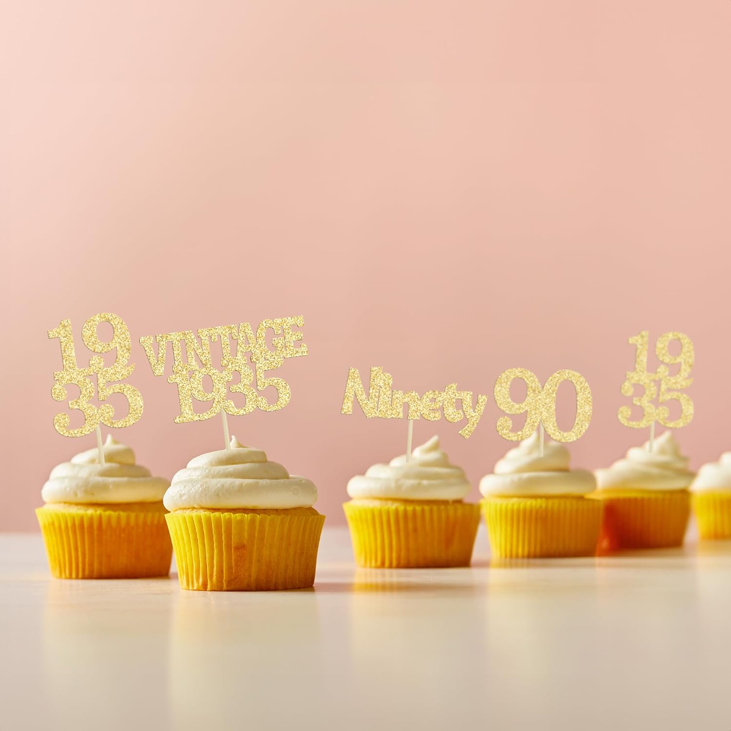 Gyufise 24Pcs 90th Birthday Cupcake Toppers Glitter Cheers to 90 Fabulous Ninety Vintage 1935 Cupcake Picks 90th Birthday Wedding Anniversary Party Cake Decorations Supplies Gold