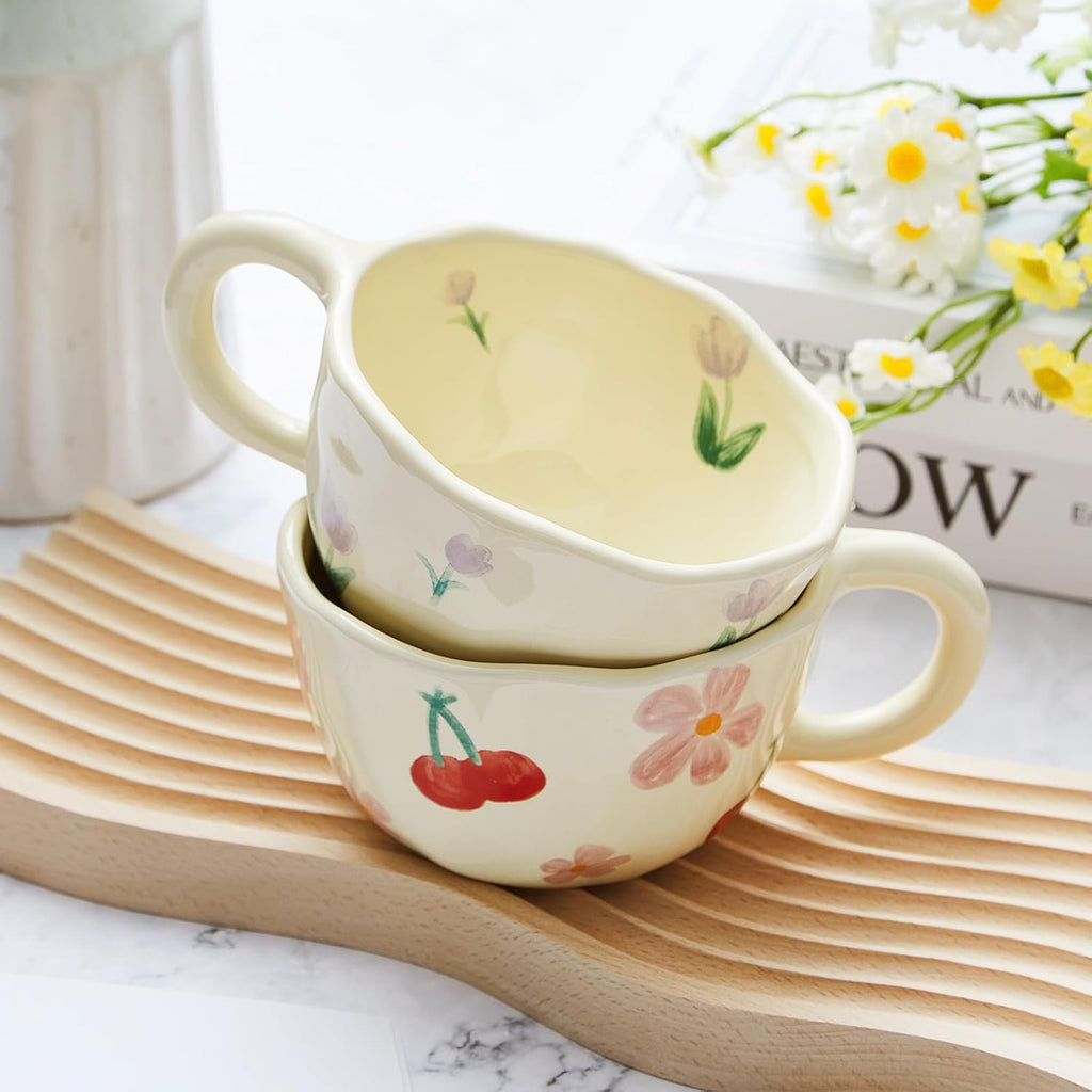 Vesici 2 Pcs Ceramic Coffee Mugs Flower Cups with Spoon Vintage Floral Mugs with Handle 8.5 oz Aesthetic Tea Porcelain Cup Gift for Valentine Office Home, Dishwasher and Microwave Safe(Cute)