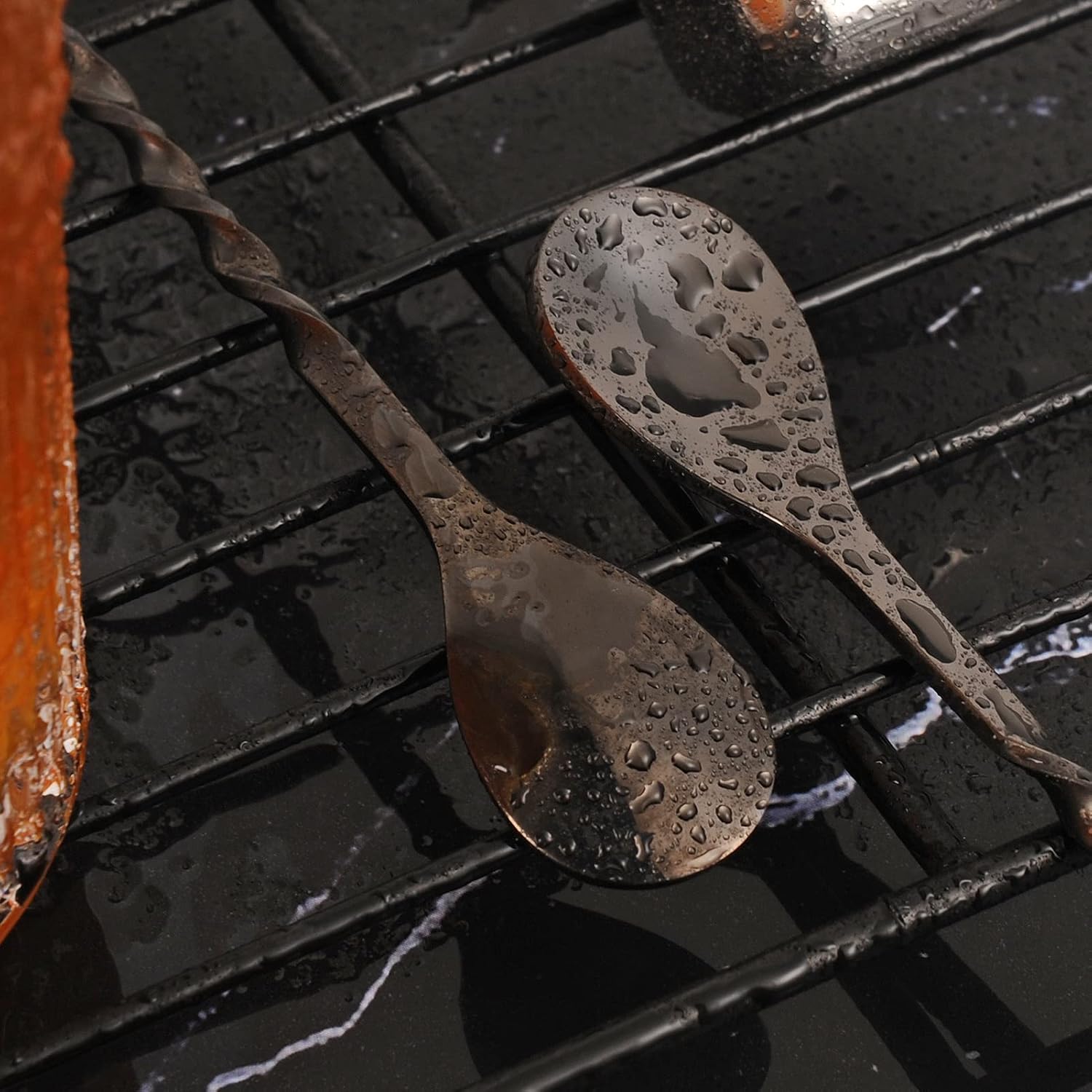 AnSaw Black 10-Inch Stainless Steel Cocktail Spoon with Leaf Handle - Perfect for Mixing & Layering Drinks in Tall Cups, Bar & Shakers - Durable Long Handle Bar Stirrer,2-Pieces