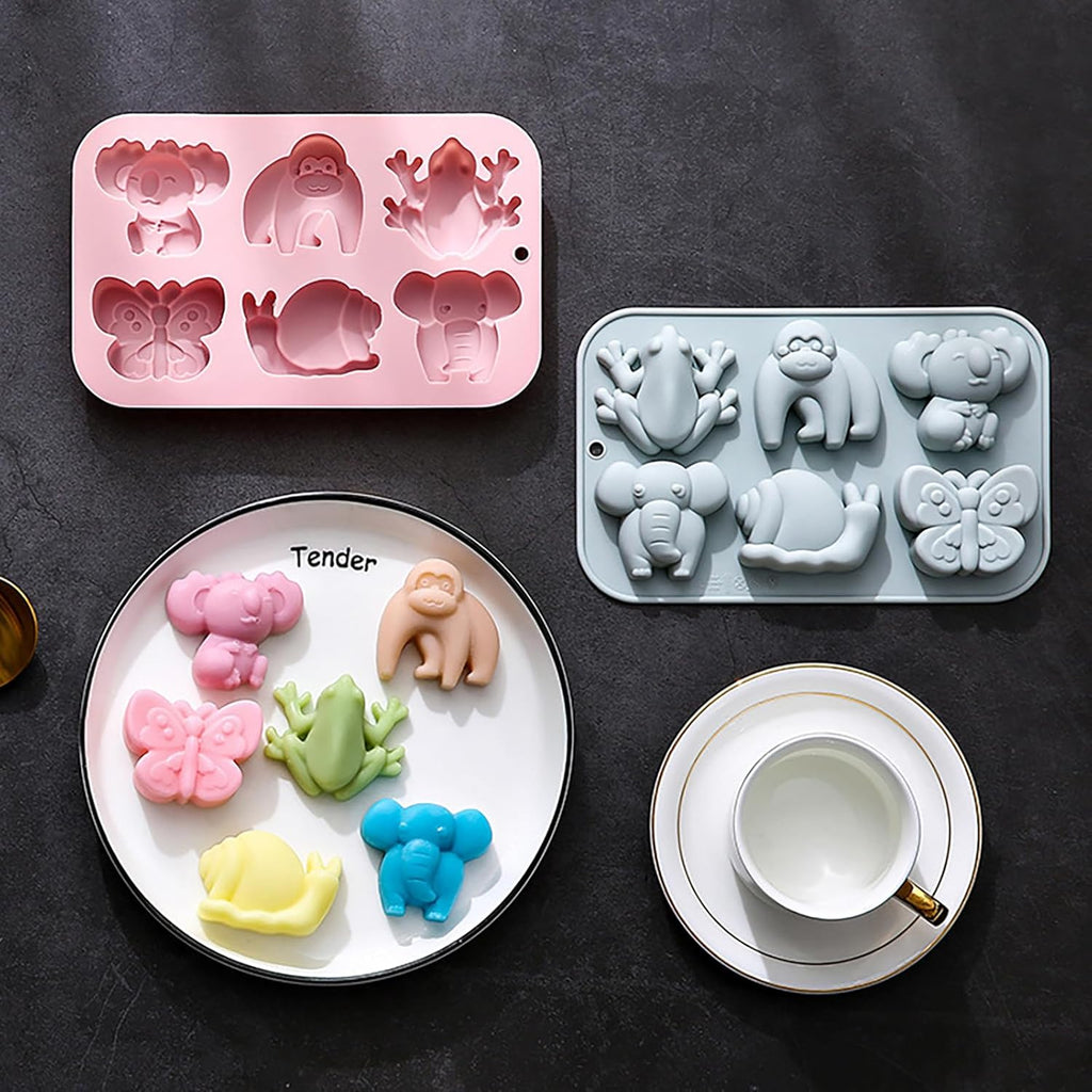 Animal Chocolate Mold Set - Food-Grade Silicone Baking Molds with Frog, Elephant, Monkey, Snail & Butterfly, Reusable for Kids Birthday Cakes, Jungle Party Treats & DIY Crafts - 2 Pack