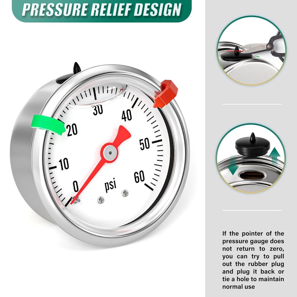 0-60psi Stainless Steel Glycerin Liquid Filled Pressure Gauge 1/8" NPT 1.5" Face Dial, Center Back Mount, for Water, Oil and Air Pressure Testing (with Range Mark Pointer)