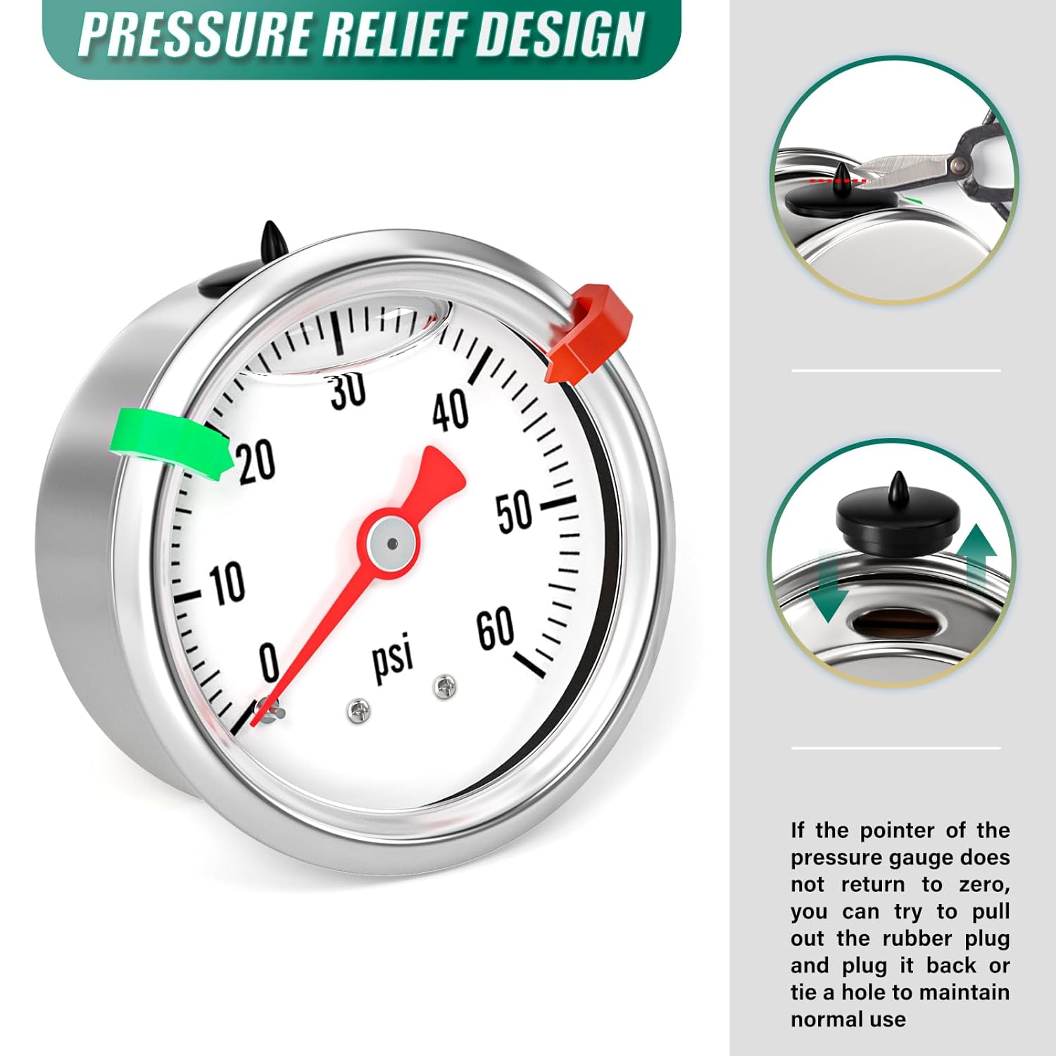 0-60psi Stainless Steel Glycerin Liquid Filled Pressure Gauge 1/8" NPT 1.5" Face Dial, Center Back Mount, for Water, Oil and Air Pressure Testing (with Range Mark Pointer)
