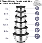 TeamFar Mixing Bowls, Stainless Steel Nesting Salad Bowl with Lids & 3 Graters, For Kitchen Cooking Serving Prepping, Airtight & Non-Slip, Size 4.6/3.5/2/1.5/1/0.7 QT, Set of 5 & Black