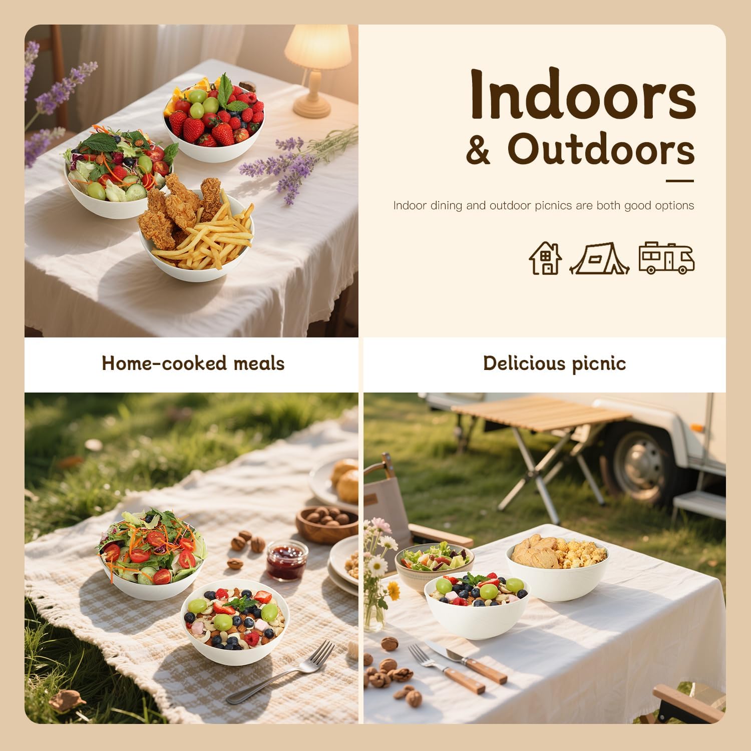 Beige Wheat Straw Bowls for Cereal and Salad,Alternative Plastic Bowls Set of 6,40oz Unbreakable Soup Bowls suitable for Kitchen,Party,Camping and R.V.