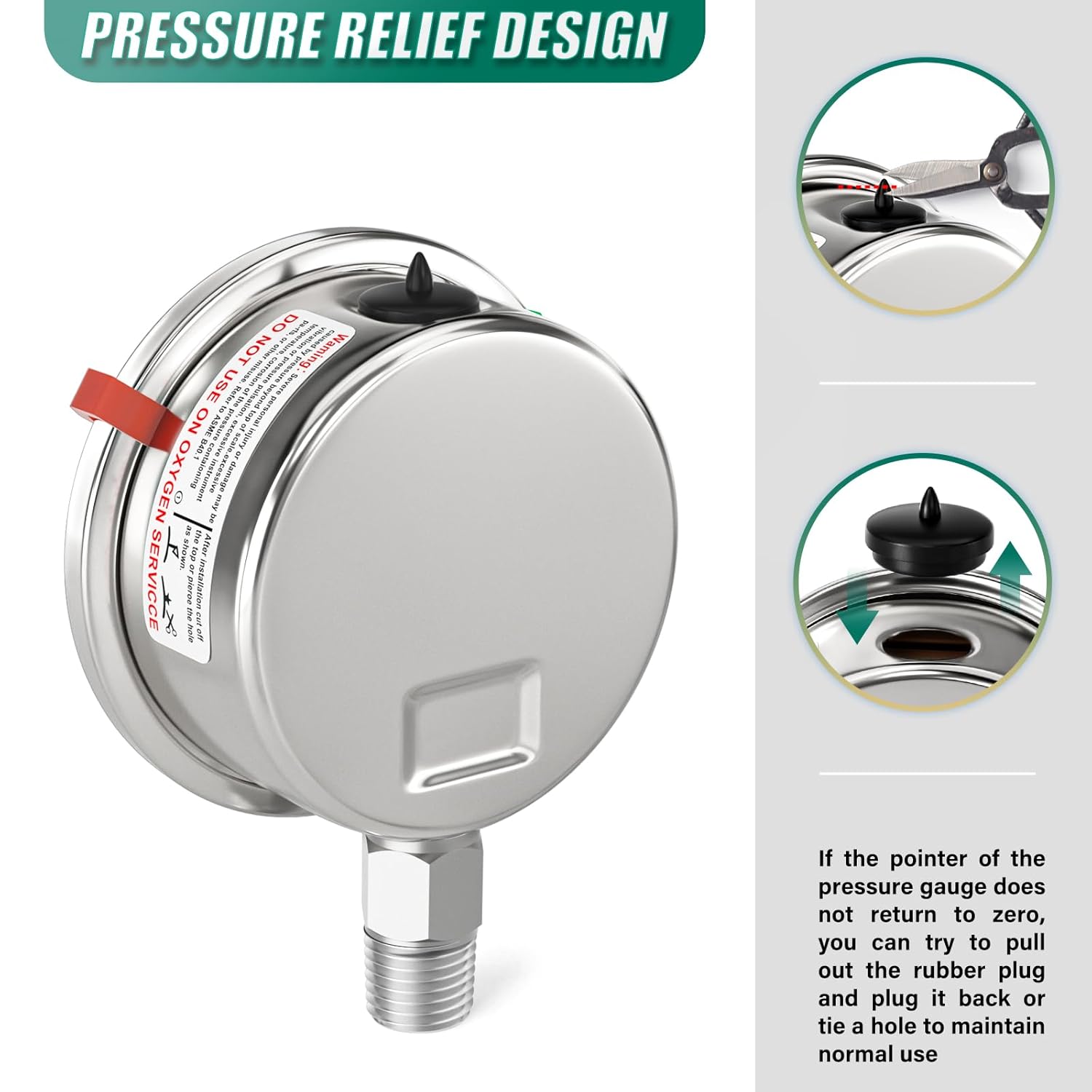 0-300PSI Stainless Steel Liquid Filled Pressure Gauge, 2.5" Dial Size, 1/4" NPT 316 Stainless Steel Joint, Lower Mount, for Tube, Water Pump, Gas, Liquid (with Range Mark Pointer)