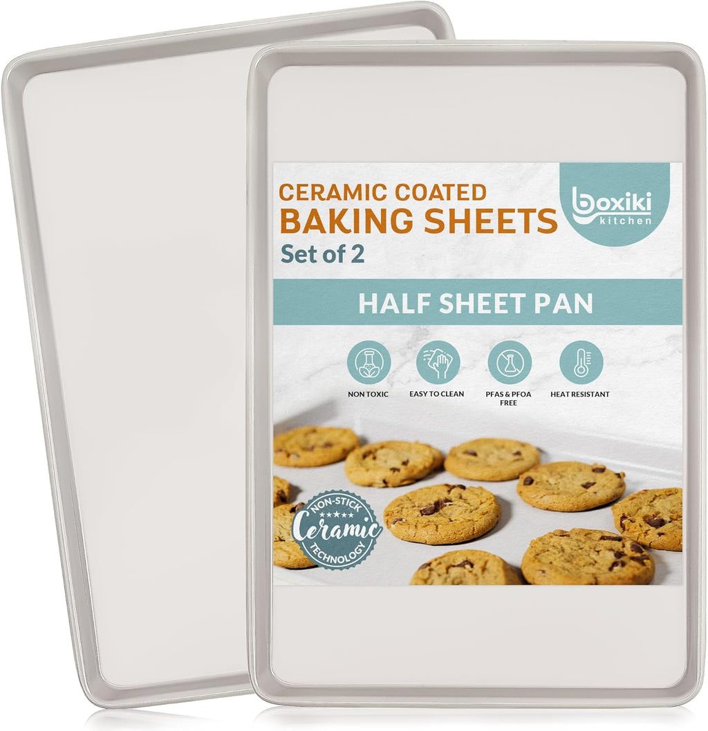 Boxiki Kitchen Nonstick Ceramic Baking Sheet/Cookie Sheet - Set of 2, Durable and Easy to Clean Baking Pans for Kitchen - Dishwasher and Freezer Safe, PFAS-Free (Half Sheet Pan)