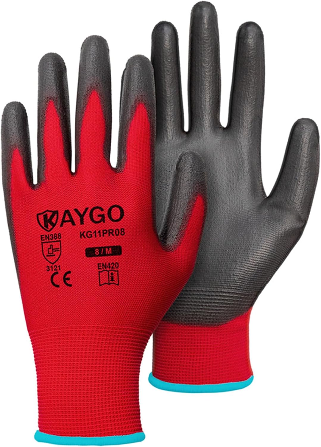KAYGO Safety Work Gloves PU Coated for Women, 60 Pairs Seamless Knit Glove with Polyurethane Coated Smooth Grip on Palm and Fingers, Ideal for General Duty Work, KG11P (M, Red)