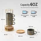 LUKA 6 Ounce Porcelain Stackable Espresso Cups with Saucers and Metal Stand Set of 4, Ceramic Cappuccino Cups Set for Specialty Coffee Drinks, Latte, Cafe Mocha and Tea, Gray