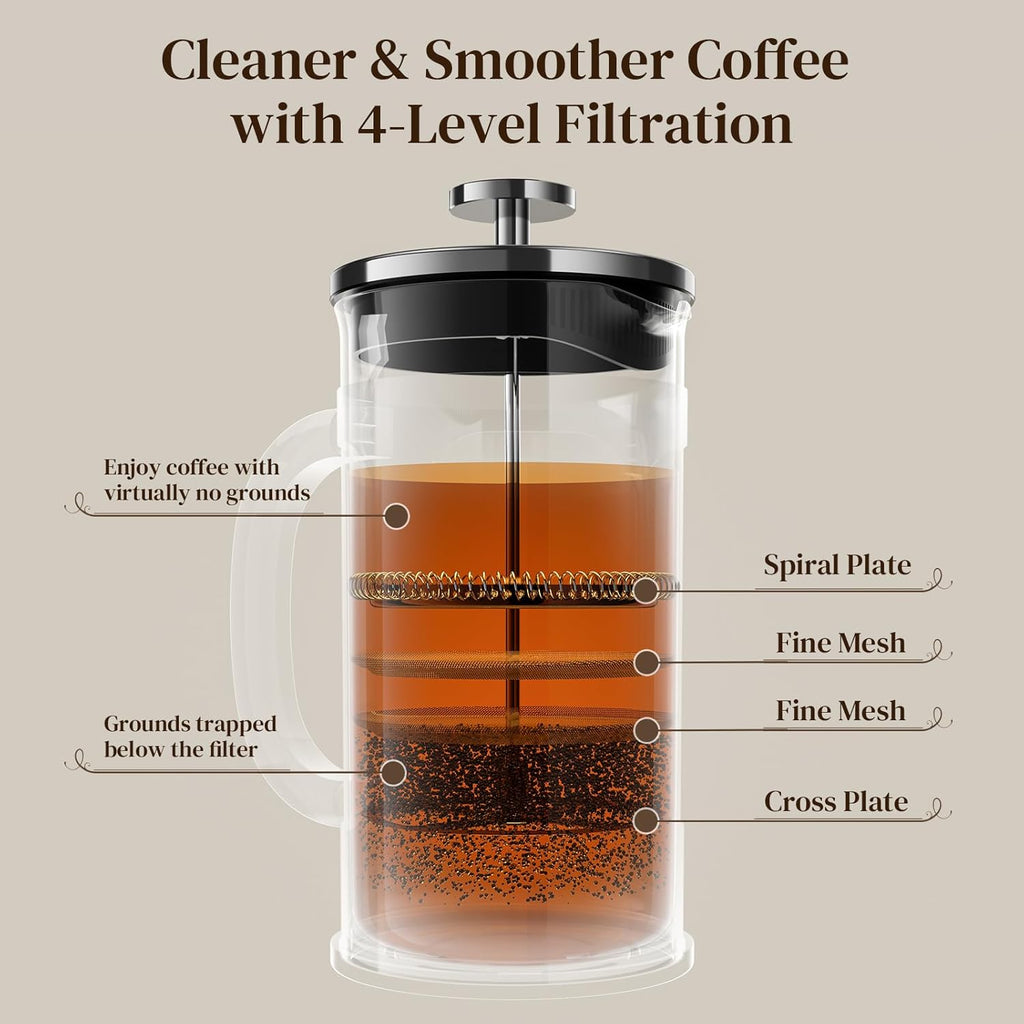 Veken French Press Coffee Maker 21oz 0.6 L, Heat Resistant Thickened Borosilicate Glass,Stainless Steel Brewer,Single Serve Small Pot, Cold Brew Cafetera Teapot for Kitchen Travel Camping, Dark Pewter