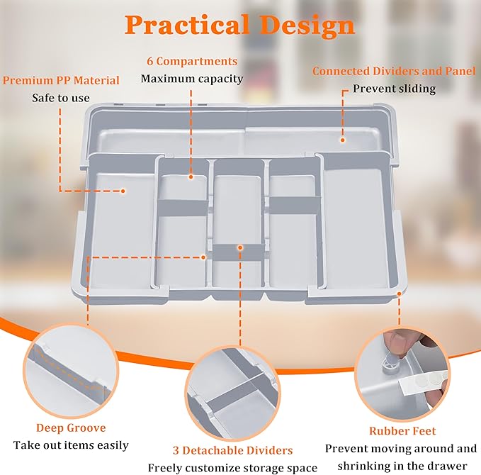 Large Utensil Drawer Organizer Expandable Silverware Organizer for Kitchen Drawer Adjustable Cooking Utensil Holder Cutlery Flatware Tray Spatula Tools Gadgets Storage Dividers Plastic Grey