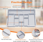 Large Utensil Drawer Organizer Expandable Silverware Organizer for Kitchen Drawer Adjustable Cooking Utensil Holder Cutlery Flatware Tray Spatula Tools Gadgets Storage Dividers Plastic Grey