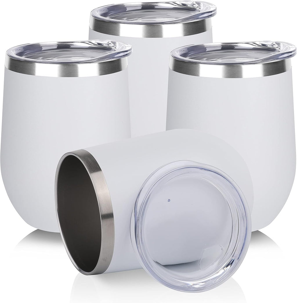 DOMICARE Stainless Steel Wine Tumbler Bulk with Lid, Personalized White Insulated Tumblers Set, 12oz Travel Coffee Cups Pack of 4