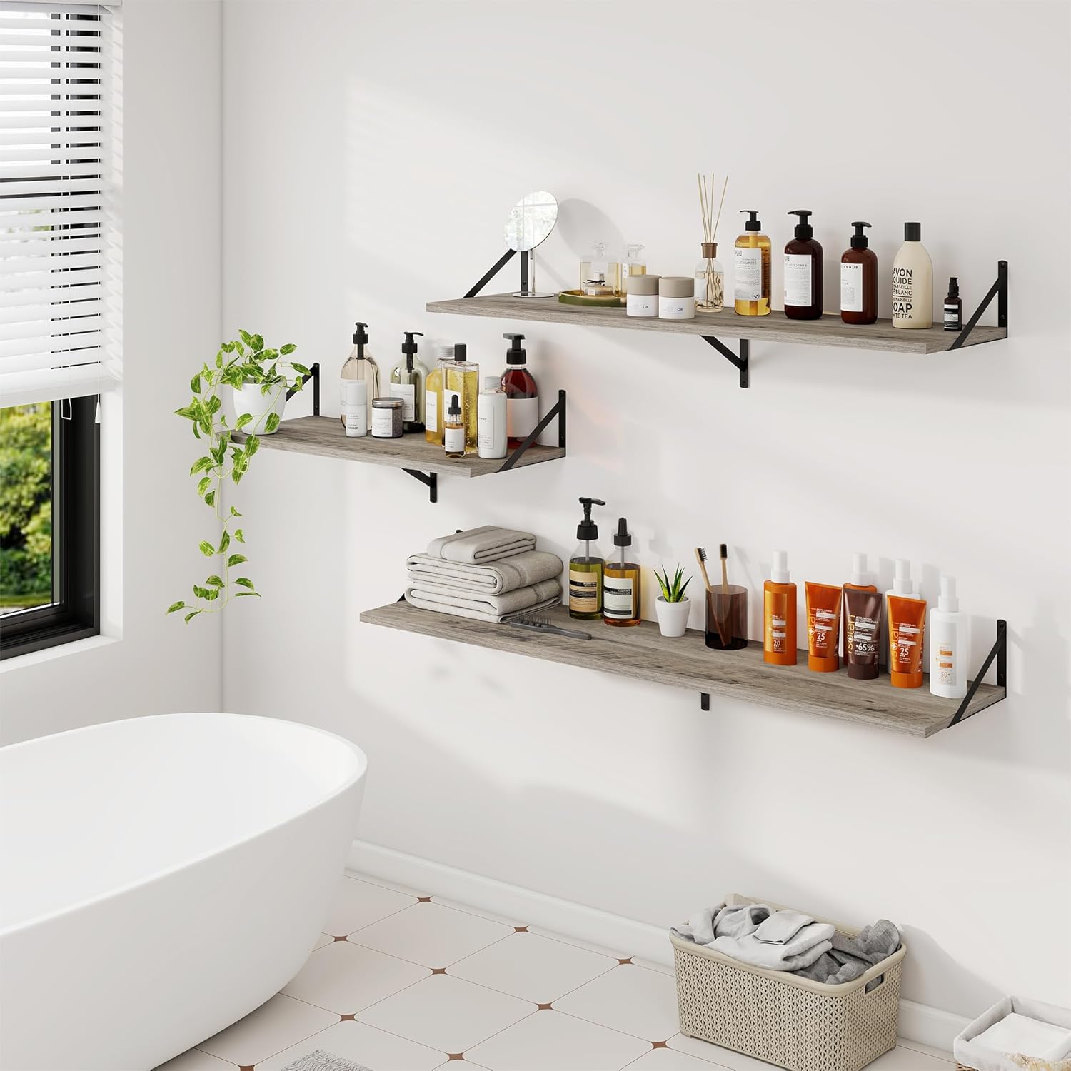 Dreamland Floating Shelves for Wall, 12 Inch Deep Floating Shelves Set of 2, 55W x 12D Large Wall Shelf with Sturdy Metal Brackets for Living Room, Bathroom, Bedroom and Kitchen, Grey