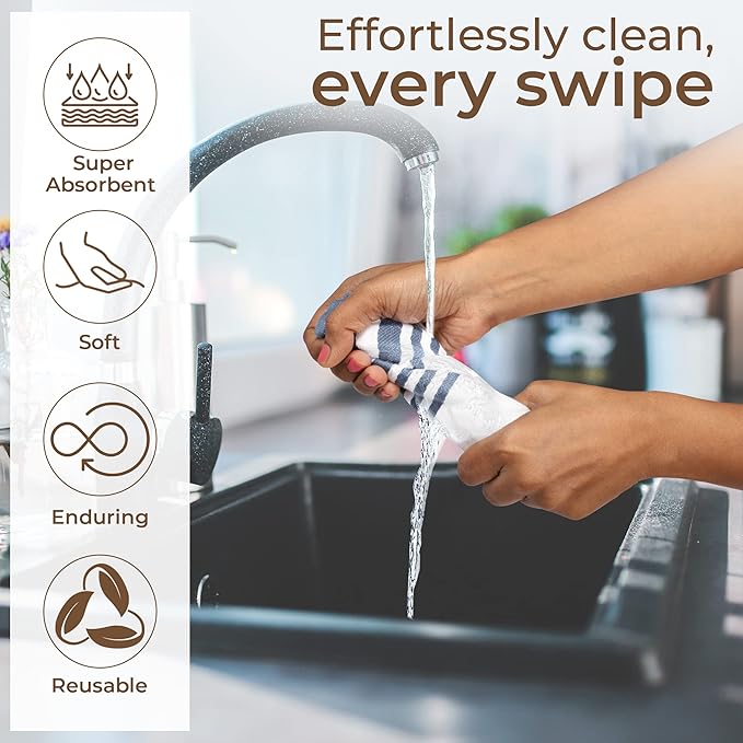 Urban Villa Dish Cloth 100% Cotton Pack of 8, Highly Absorbent Quick Drying Soft Premium Dish Towels for Kitchen with Hanging Loop Hand & Tea Towels - 12x12 Inch, (Indigo Blue & White, Striped)