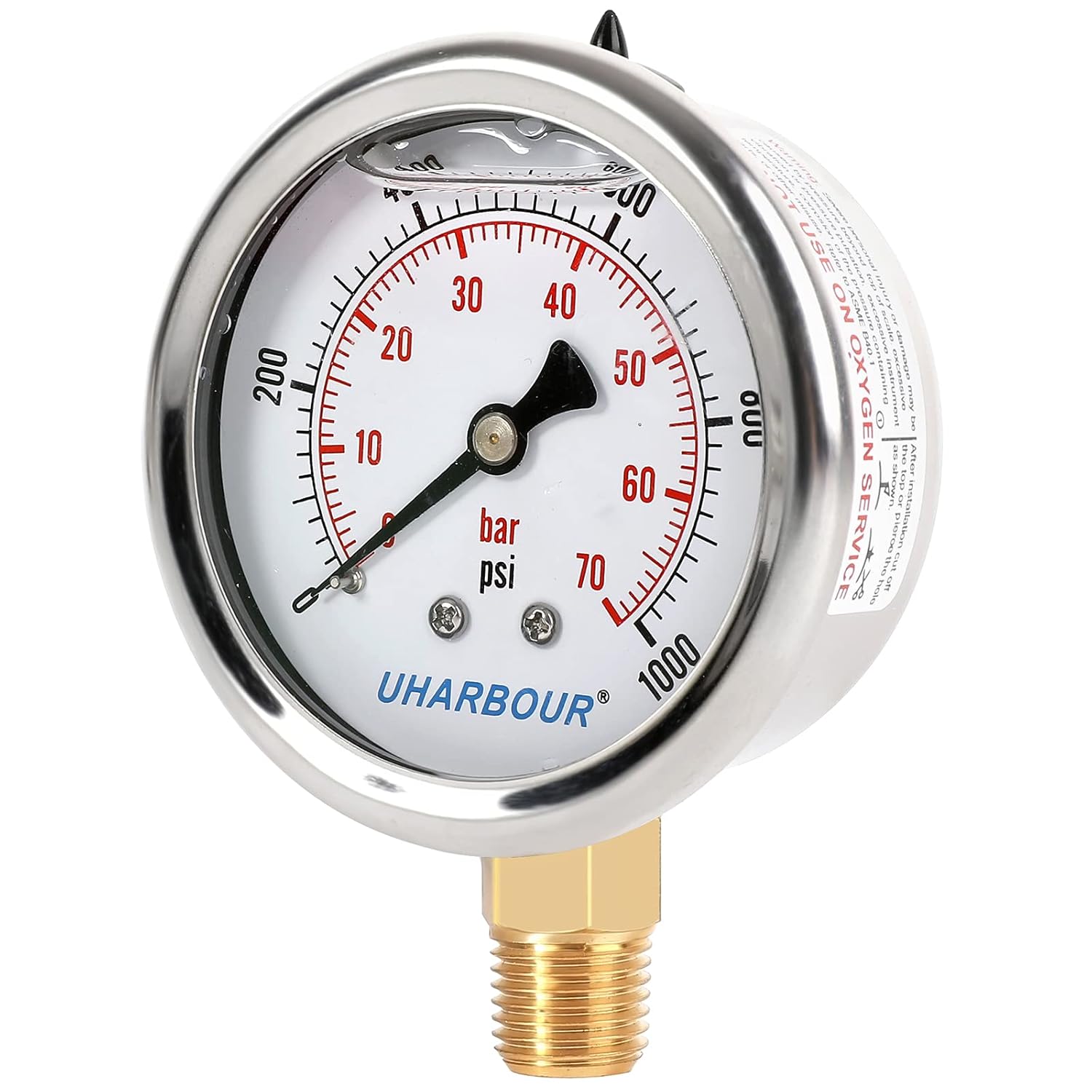Glycerin Filled Pressure Gauge 1000psi/70bar, Stainless Steel case, Brass Inside Construction, 2-1/2" dial, 1/4" NPT Rear Connection.
