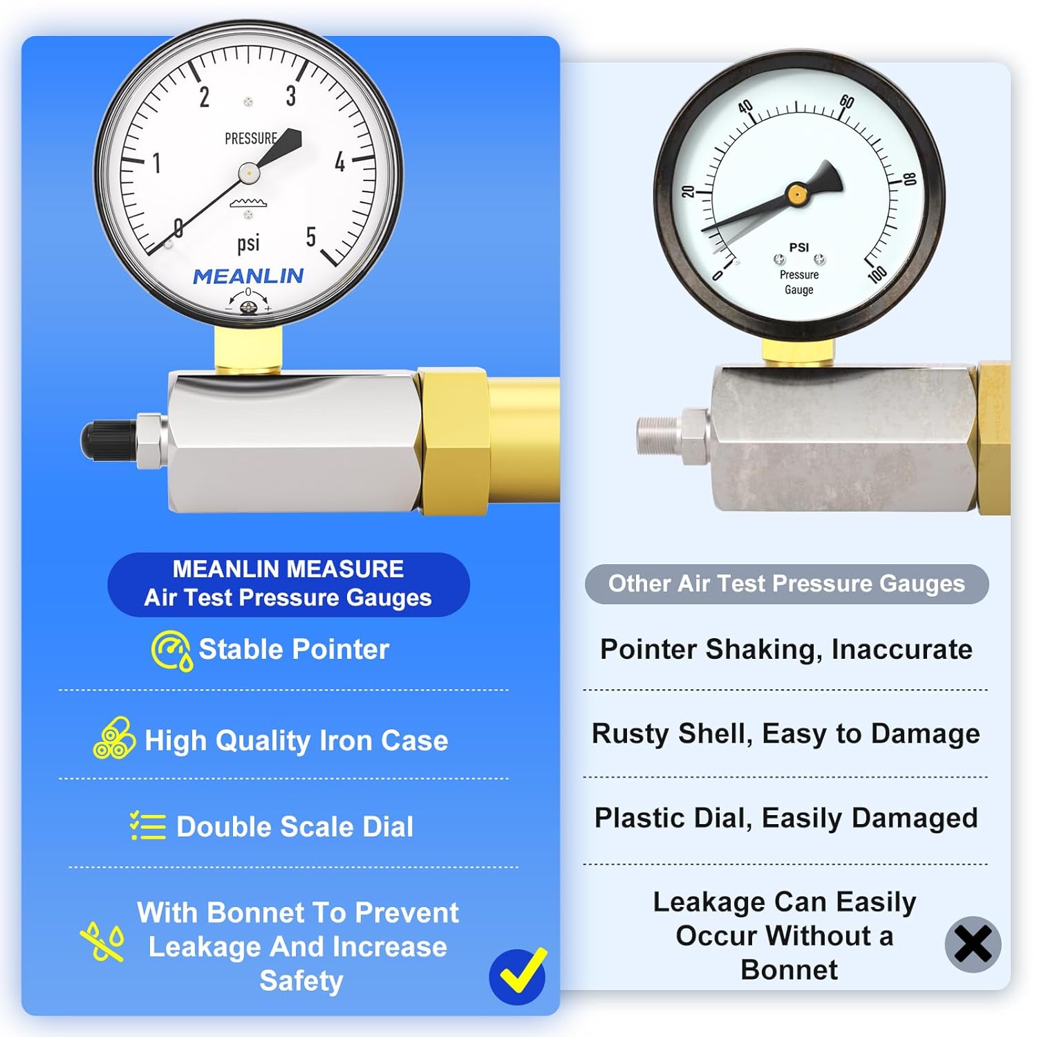 MEANLIN MEASURE 0-5Psi Diaphragm Type Capsule Low Pressure Gauge with 3/4" FNPT Connection Valve, 2-1/2" FACE DIAL Adjustable Air Test Pressure Gauge
