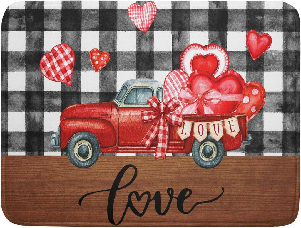 Valentine's Day Red Heart Truck Dish Drying Mat for Kitchen Counter,Black White Buffalo Plaid Love Drying Mat 18 x 24 Inch with Absorbent Reversible Microfiber Dish Drying Pad for Coffee Bar