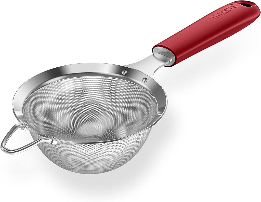 18/8 Stainless Steel Mesh Strainer: U-Taste 3.9 Inch Kitchen Fine Mesh Sieve Food Colander with Riveted Sturdy Silicone Handle and 30 Mesh Hole for Straining Flour, Quinoa, Tea, Juice (Red)