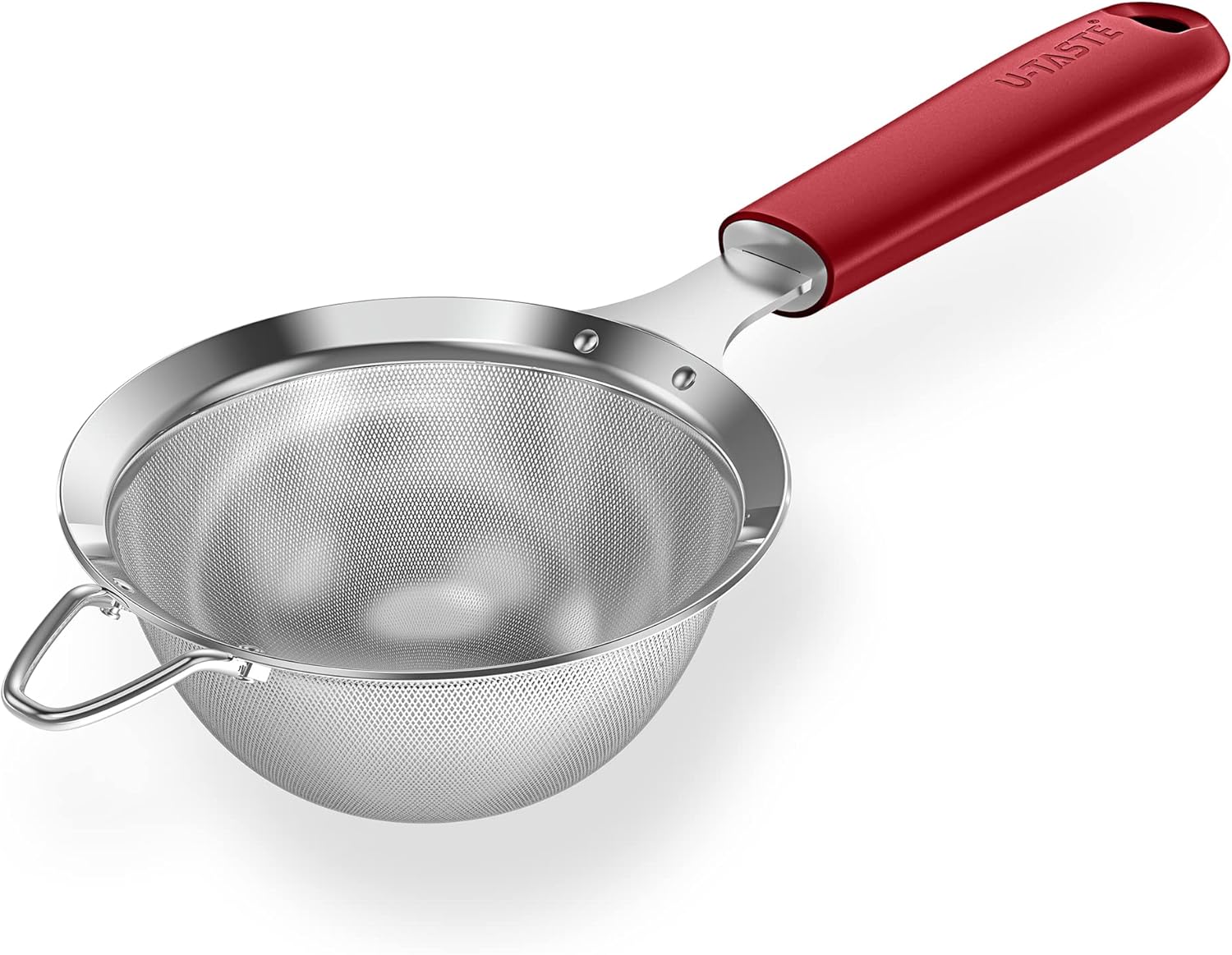 18/8 Stainless Steel Mesh Strainer: U-Taste 3.9 Inch Kitchen Fine Mesh Sieve Food Colander with Riveted Sturdy Silicone Handle and 30 Mesh Hole for Straining Flour, Quinoa, Tea, Juice (Red)