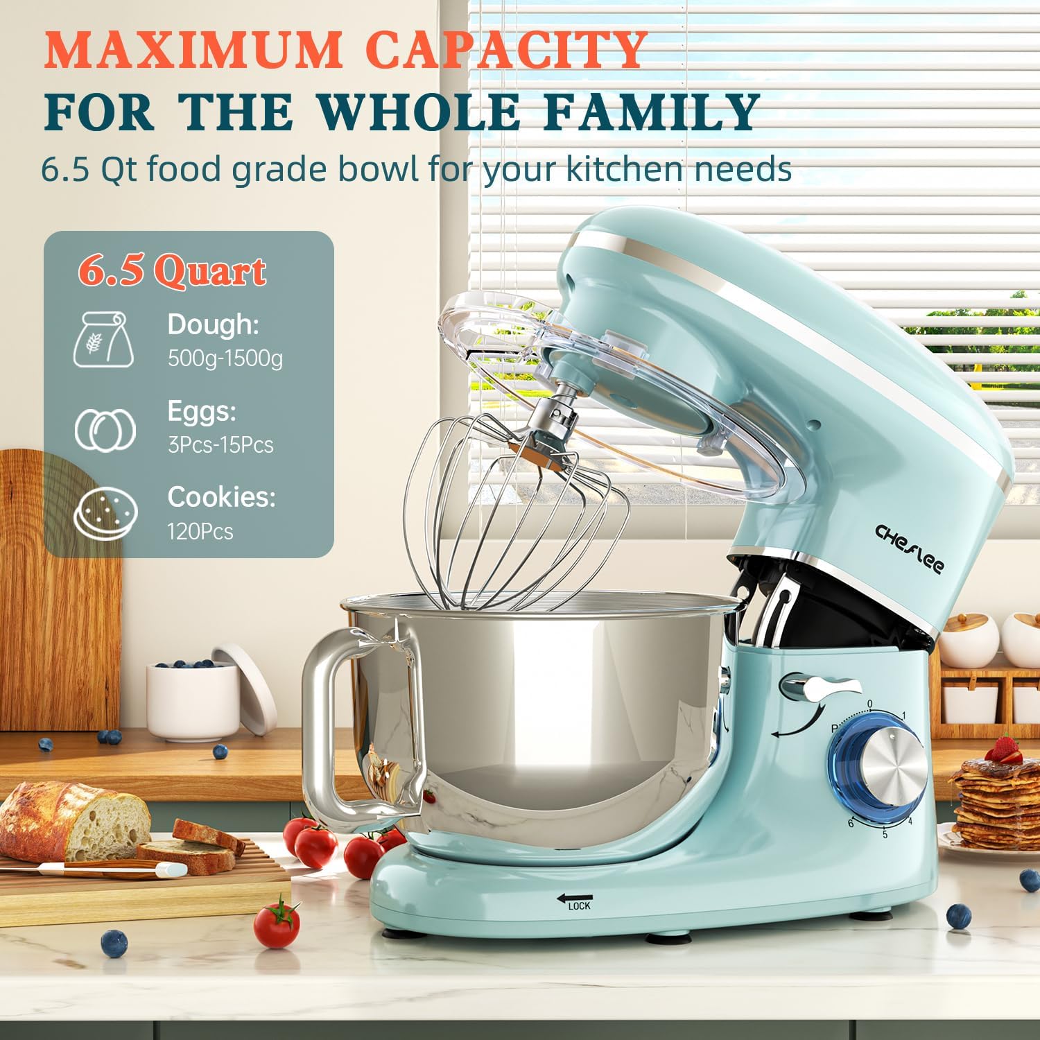 CHeflee Stand Mixer,660W 6+P With 6.5QT Stainless Steel Bowl,Dough Hook, Wire Whip & Beater,for Most Home Cooks,Blue