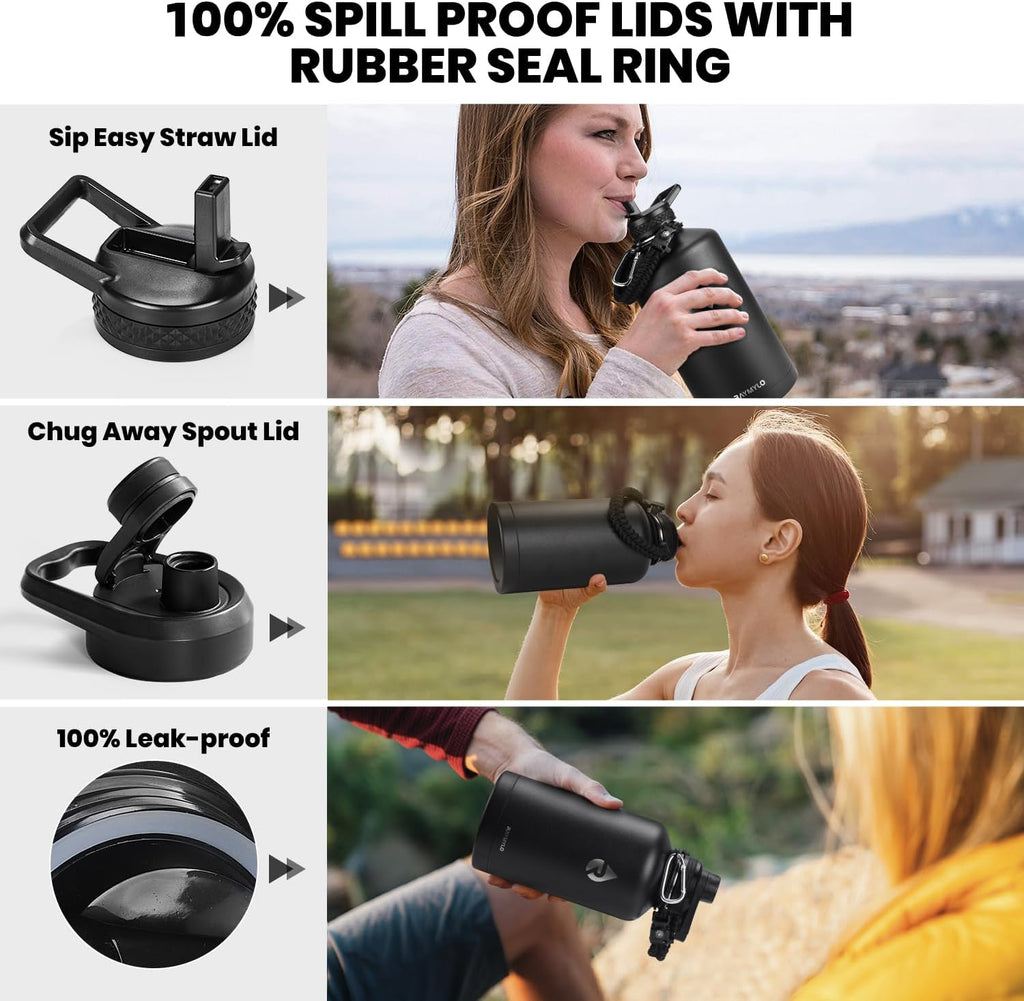 One Gallon Water Bottle Insulated, Triple Walled Vacuum Stainless Steel (Cold for 48 Hrs), Leak Proof & Non-BPA, Large Water Flask Jug with Paracord Handle & Straw Spout Lids