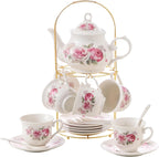 20-Pieces Tea Set For Adult with Golden Metal Rack,Porcelain Tea Sets For Women,Tea Gift Sets for Home&Party(016)