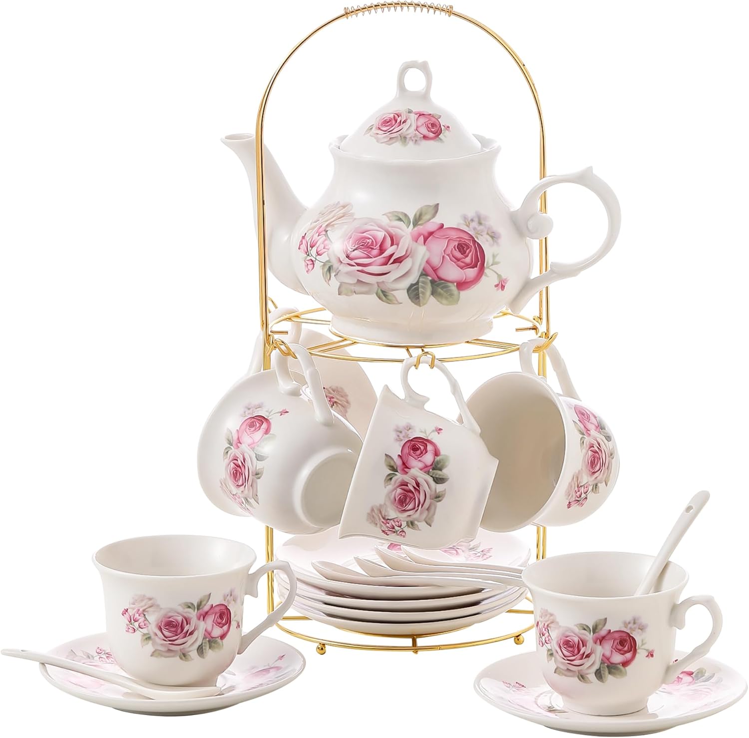 20-Pieces Tea Set For Adult with Golden Metal Rack,Porcelain Tea Sets For Women,Tea Gift Sets for Home&Party(016)