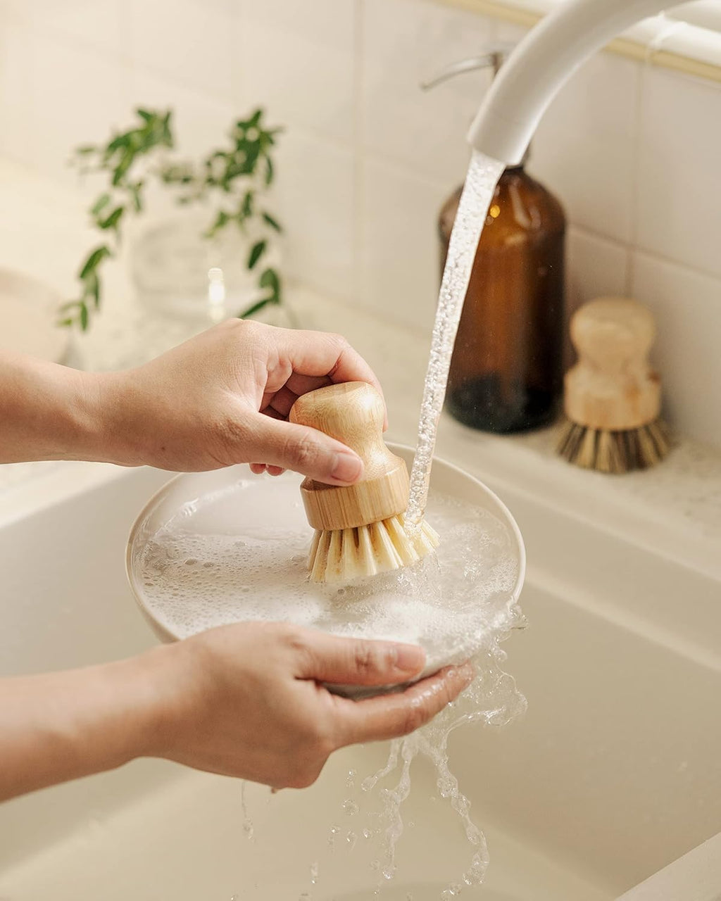 Jungle Culture Kitchen Dish Scrubber Set of 2 • Bamboo Dish Brush for Washing Pots, Pans, Dishes & Plates • Natural Bristle Wooden Brushes for Washing Up • Zero Waste Firm & Soft Eco Scrub Brush