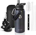 Insulated Water Bottle 32 oz, Triple Wall Vacuum Stainless Steel (Cold for 48 Hrs), Leak Proof & Non-BPA, Modern Water Flask Jug with Paracord Handle & Straw Spout Lids, Magic Black