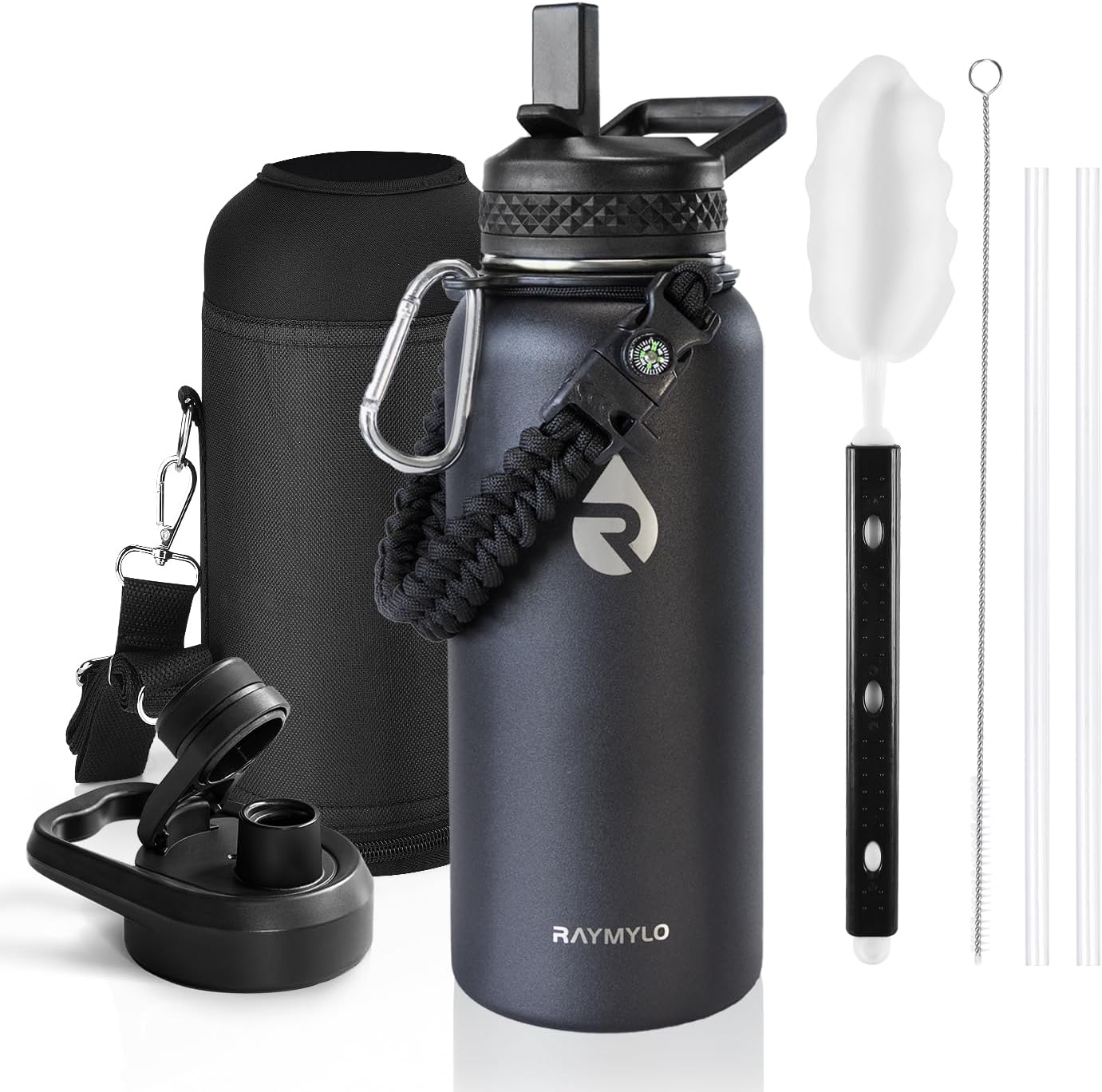 Insulated Water Bottle 32 oz, Triple Wall Vacuum Stainless Steel (Cold for 48 Hrs), Leak Proof & Non-BPA, Modern Water Flask Jug with Paracord Handle & Straw Spout Lids, Magic Black