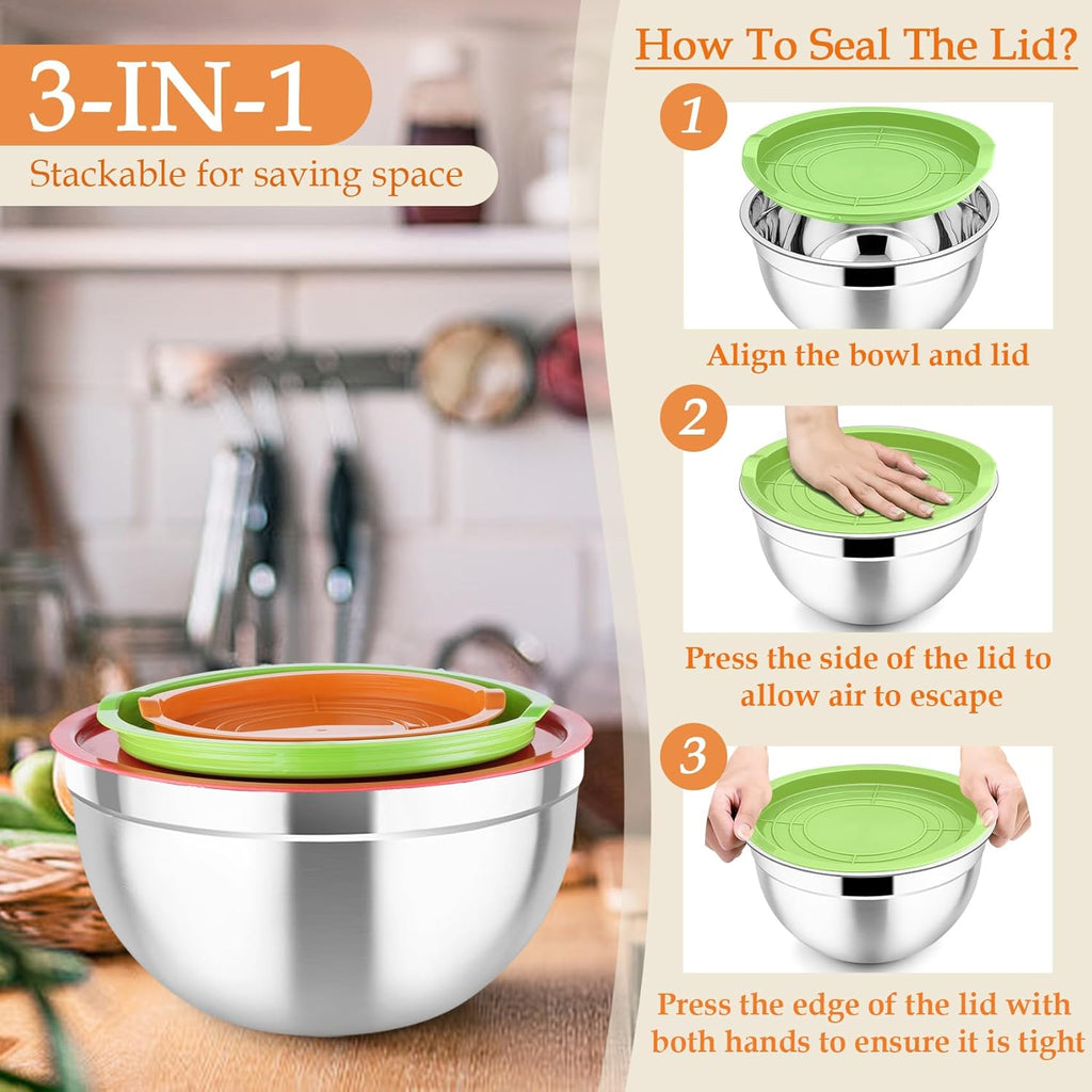 TeamFar Mixing Bowls, Stainless Steel Nesting Salad Bowls with Lids Set & 3 Grater Attachments, For Mixing/Serving/Storing, Non-toxic & Long-lasting, Size 4.6/3 / 1.5 QT, Colorful