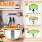 TeamFar Mixing Bowls, Stainless Steel Nesting Salad Bowls with Lids Set & 3 Grater Attachments, For Mixing/Serving/Storing, Non-toxic & Long-lasting, Size 4.6/3 / 1.5 QT, Colorful