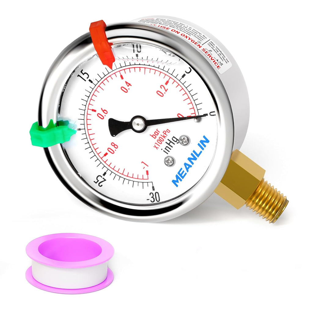 MEANLIN MEASURE -30inHG~0Psi Vacuum Pressure Gauge 1/8" NPT 2.5" FACE DIAL, Stainless Steel Liquid Filled Pressure Gauge WOG Water Oil Air Lower Mount (with 2PCS Snaps)