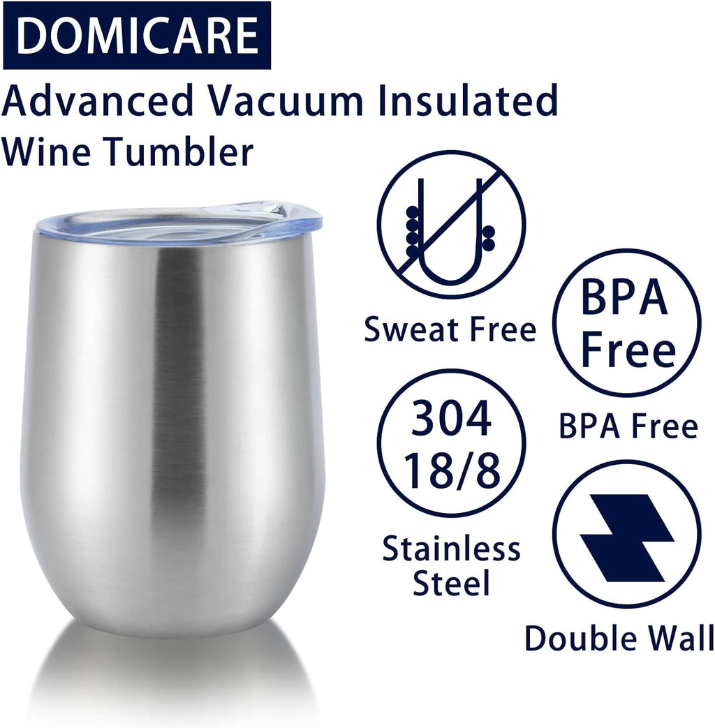 DOMICARE Stainless Steel Wine Tumbler Bulk with Lid, Personalized Insulated Tumblers Set, 12oz Travel Coffee Cups Pack of 1, Stainless steel