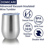 DOMICARE Stainless Steel Wine Tumbler Bulk with Lid, Personalized Insulated Tumblers Set, 12oz Travel Coffee Cups Pack of 1, Stainless steel