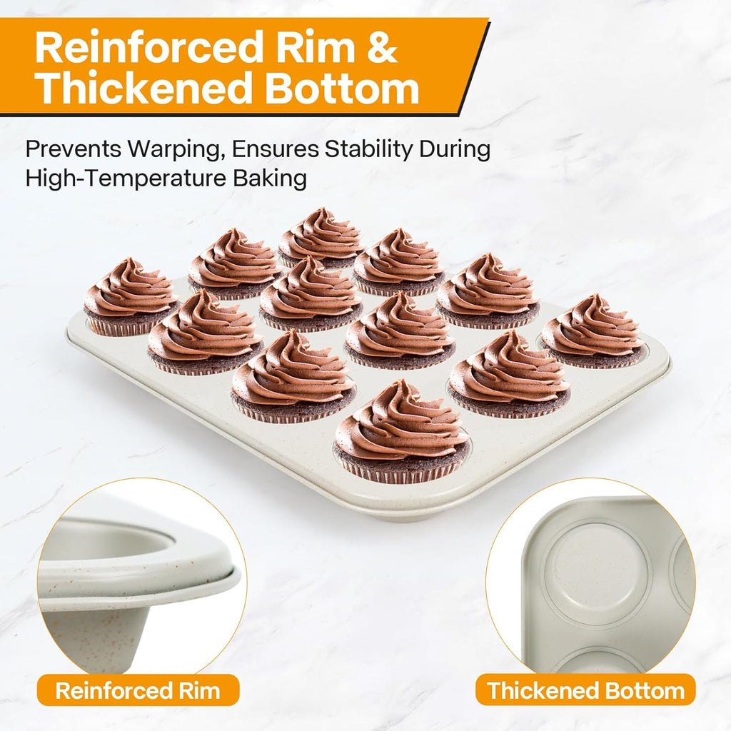 2-Pack Healthy Baking Cupcake Pan| Non Stick 12-Cup Muffin Pan | Durable & Easy Clean Muffin Tin | Perfect for Cupcakes, Muffins (Beige)