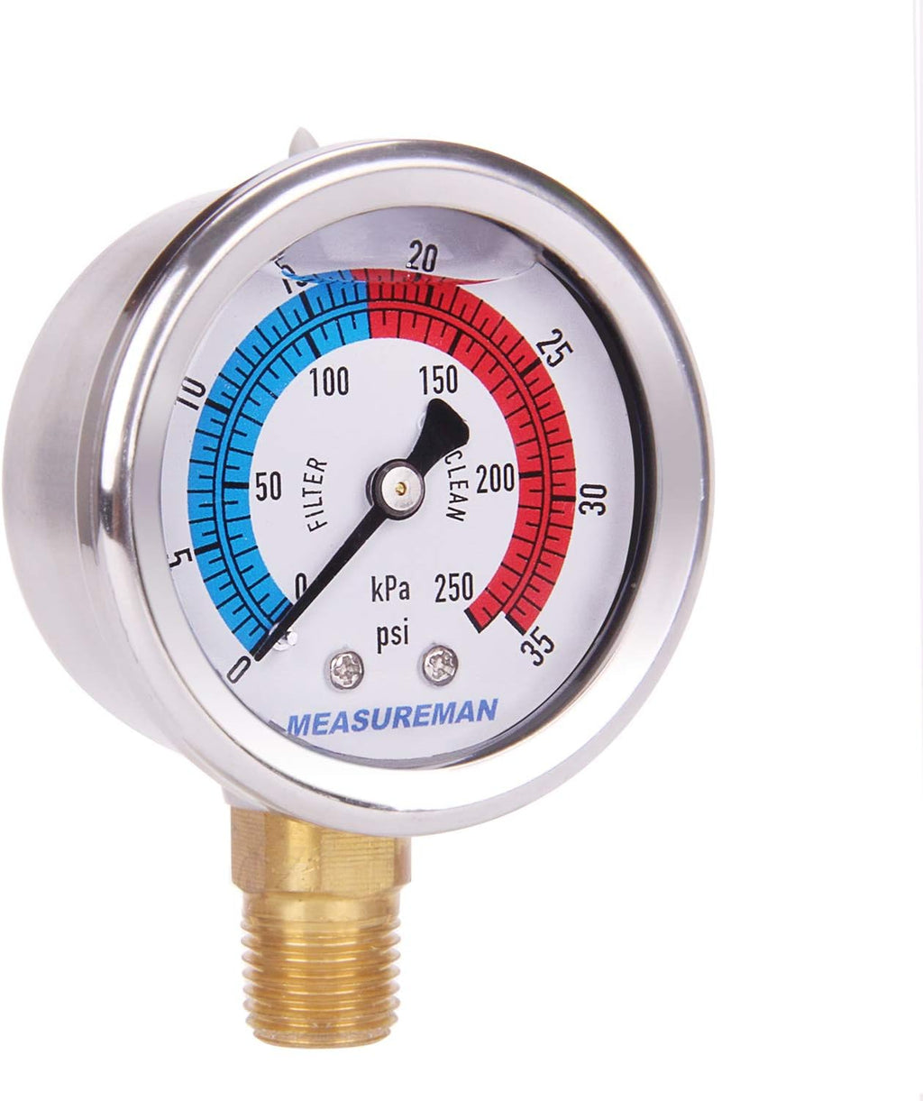 MEASUREMAN 2" Dial Size, Glycerin Filled Pool Filter Pressure Gauge, 304 Stainless Steel Case, 0-35psi/250kpa, 1/4" NPT Lower Mount