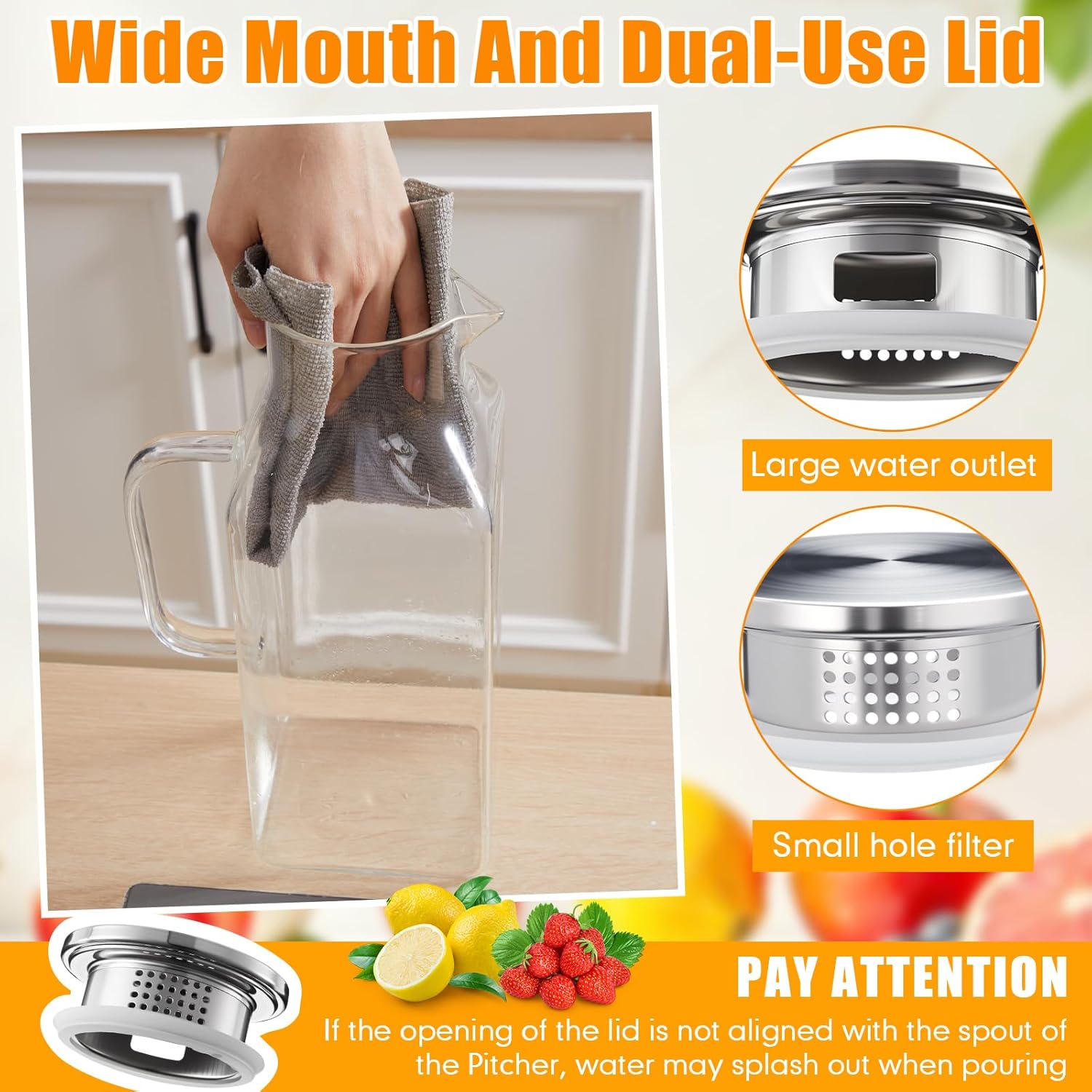 Honeydak 2 Pack 2.5 Liters 85 oz Square Glass Pitcher with Lid and Handle, Glass Water Jars Carafe Jug for Hot/Cold Drinks, Tea, Beverages, Parties and Picnics