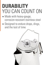 GSI Outdoors Percolator Coffee Pot I Glacier Stainless Steel Ultra-Rugged for Brewing Coffee Over Stove and Fire Ideal for Group Camping, 36 Cup