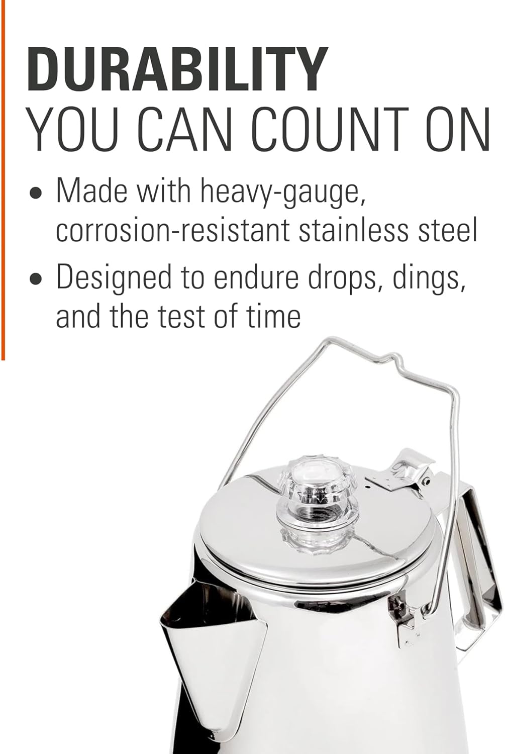 GSI Outdoors Percolator Coffee Pot I Glacier Stainless Steel Ultra-Rugged for Brewing Coffee Over Stove and Fire Ideal for Group Camping, 36 Cup