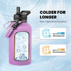 Insulated Water Bottle 64 oz, Triple Wall Vacuum Stainless Steel (Cold for 48 Hrs), Leak Proof & Non-BPA, Half Gallon Water Flask Jug with Paracord Handle & Straw Spout Lids, Lilac