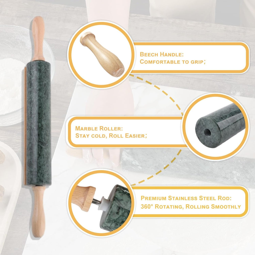 Koville Marble Rolling Pin, Non-Stick Stone Dough Roller, Rolling Pin for Baking,Pasta, Dumpling, Ravioli, Fondant,Pie Crust, Kitchen Baking Pastry Tools