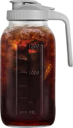 64oz Glass Pitcher with Handle and Lid, 2 Quart Mason Jar Pitcher - Airtight & Leakproof Water Jug with Pour Spout Lid, Glass Containers for Fridge, Perfect for Juice, Cold Brew, Iced & Sun Tea
