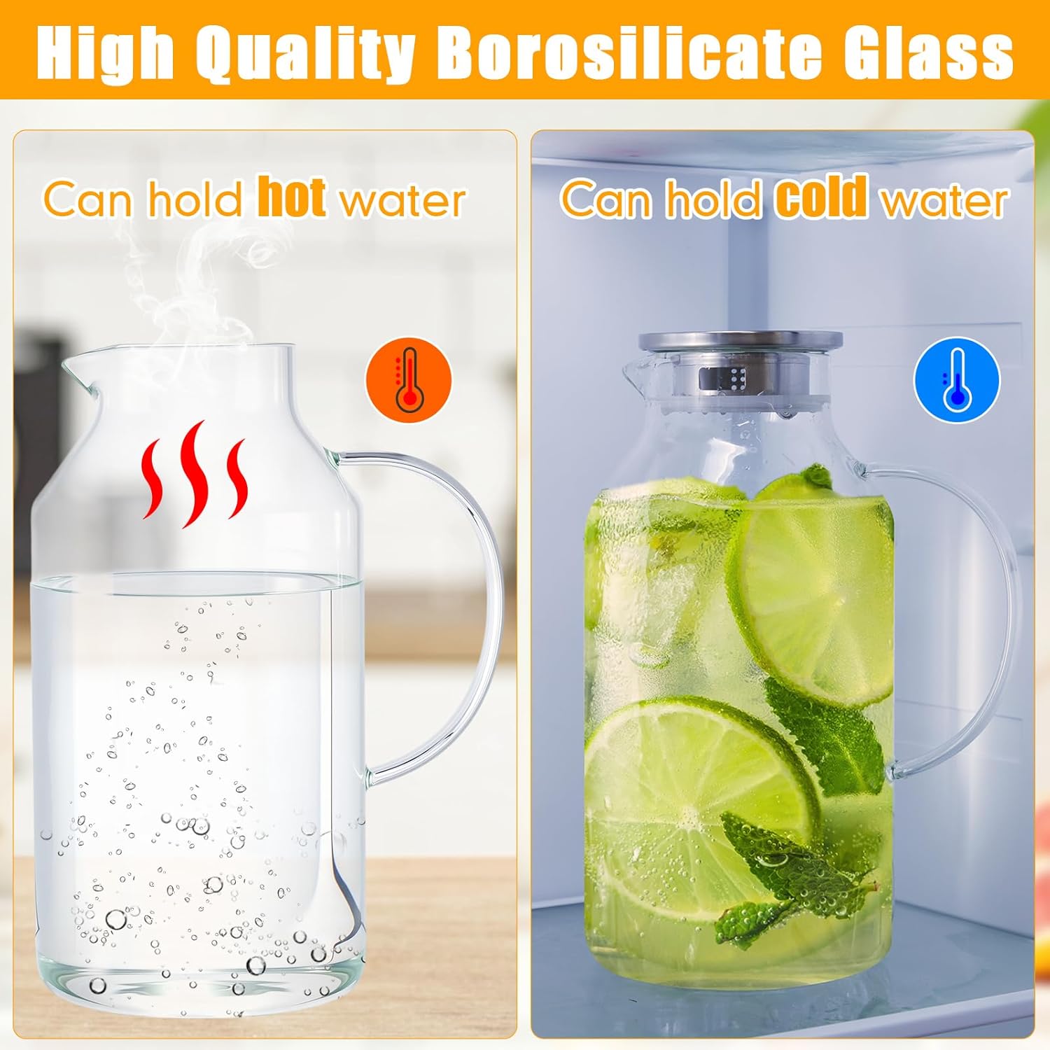 Honeydak 2 Pack 3 Liters 100 oz Column Glass Pitcher with Lid and Handle, Glass Water Jars Carafe Jug for Hot/Cold Drinks, Tea, Beverages, Parties and Picnics