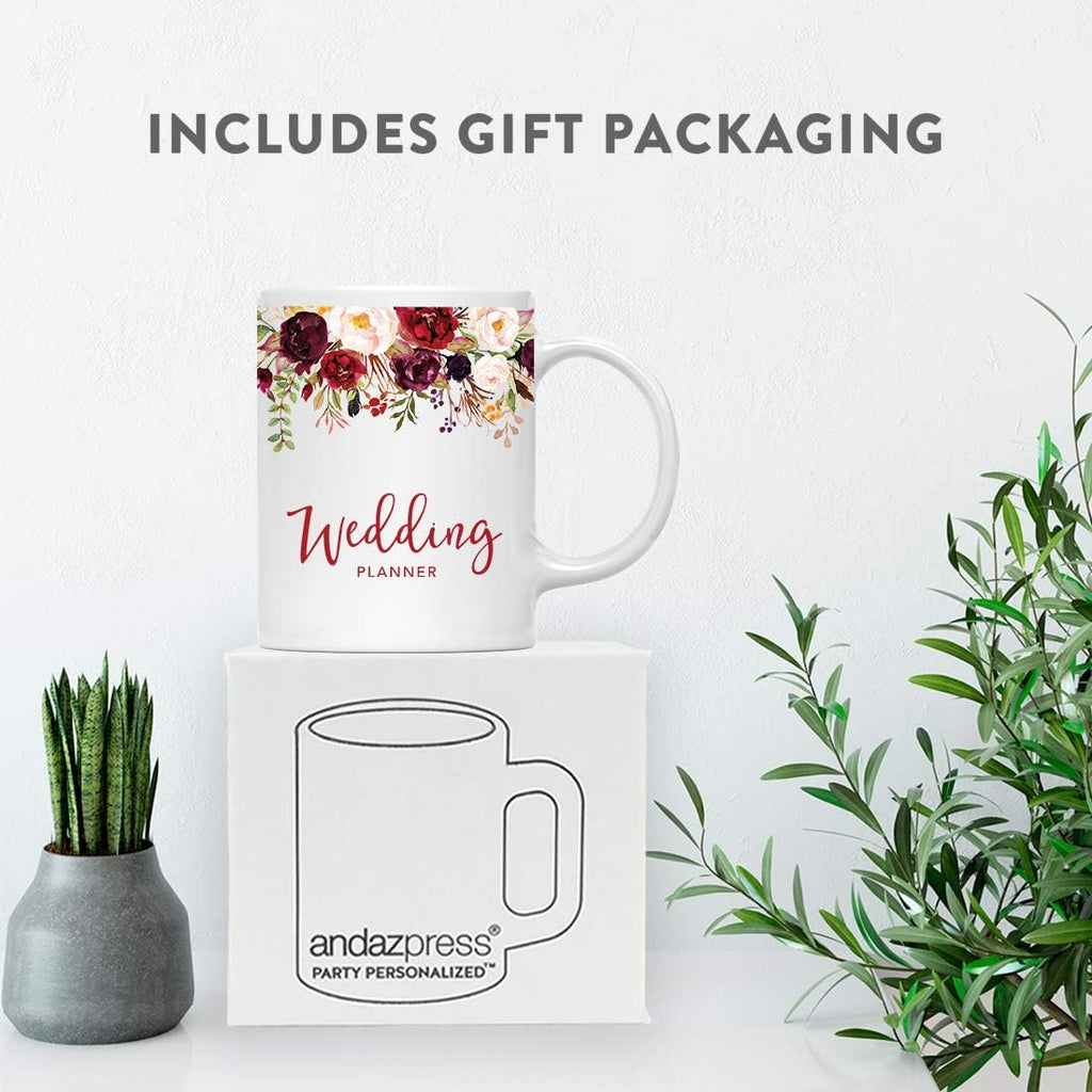 Andaz Press 11oz. Wedding Ceramic Coffee Tea Mug Gift, Fall Autumn Marsala Burgundy Flowers Roses Florals, Wedding Planner, 1-Pack, Includes Gift Box