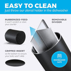 Rotating Extra Large Stainless Steel Utensil Holder Caddy with Sturdy No-Tip Weighted Base, Removable Divider, and Gripped Insert Bottom -Dishwasher Safe Metal Cooking Utensil Holder (Black)