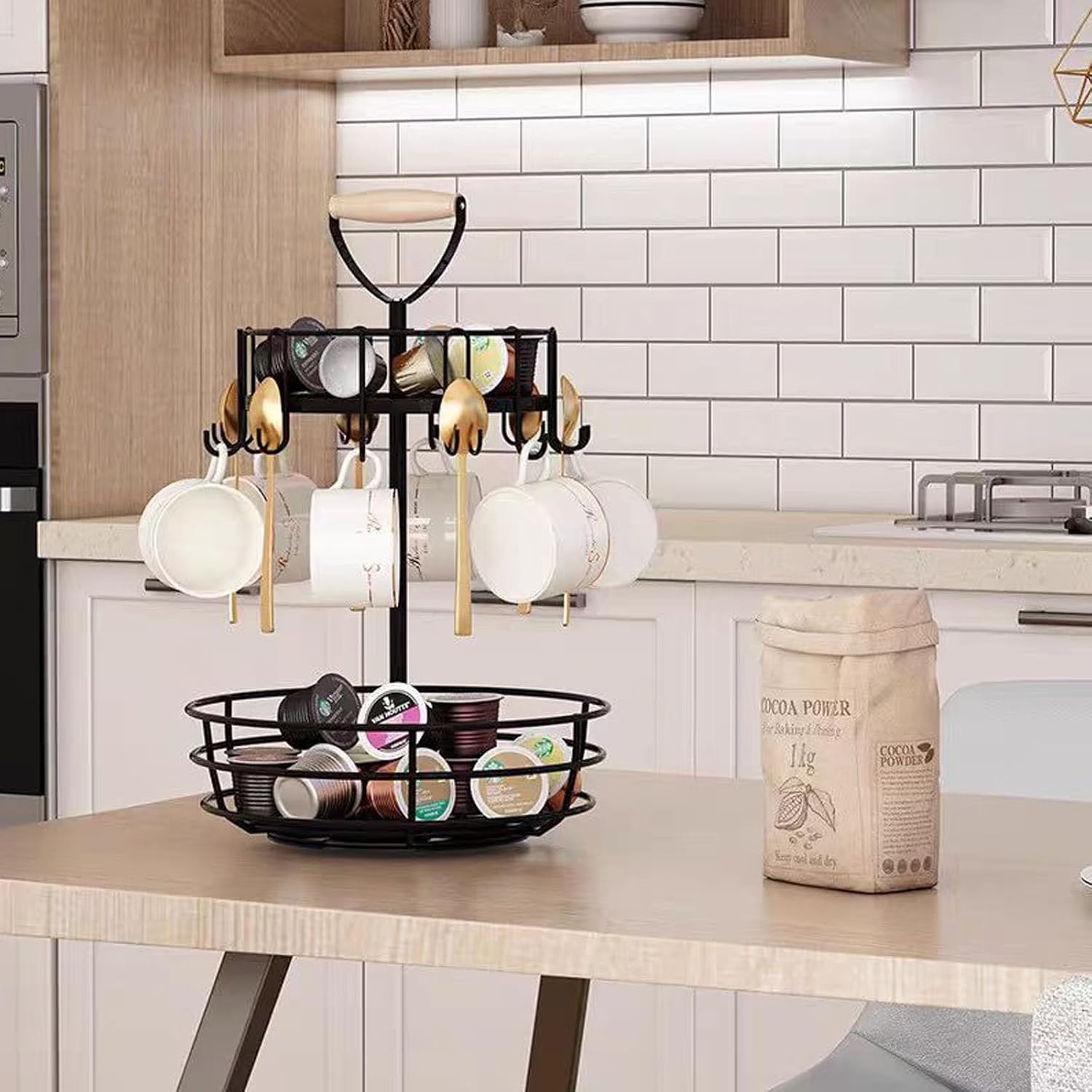 Coffee Mug Holder, 2 Tier Coffee Cup Holder with Hooks, Rotatable Mug Rack Organizer with Cup Pods & Saucer Basket for Bar Kitchen Counter