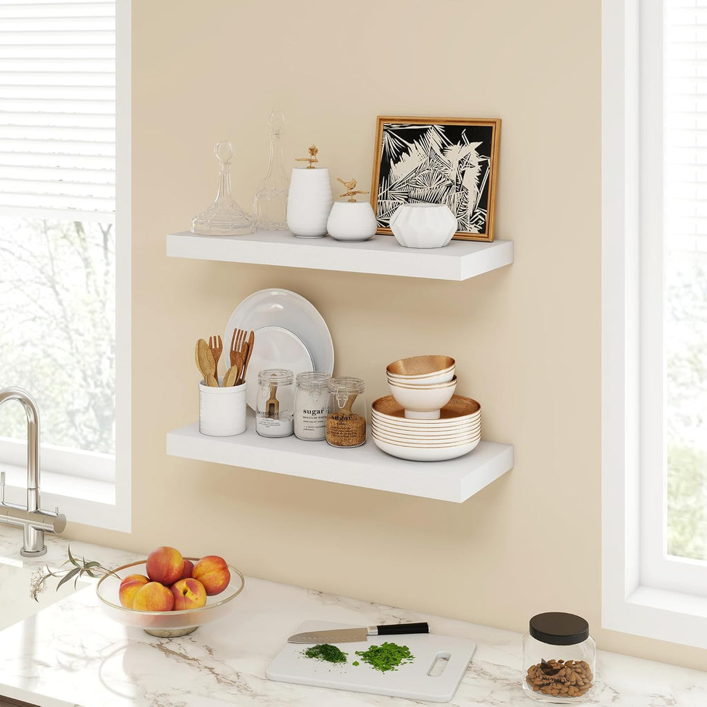 24 Inch Floating Shelves, 9.3" Deep Floating Shelf Wall Mounted, 24" Wall Shelves, Rustic Deep Bookshelf, Large Display Shelves & Storage Shelves for Bedroom, Living Room, White, Set of 2
