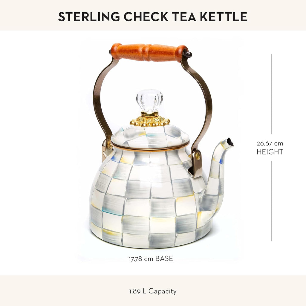 MACKENZIE-CHILDS Enamel Tea Kettle, Stylish Tea Kettle for Stovetop, Grey-and-White Sterling Check, 2 Quarts